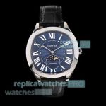 Swiss Clone Cartier Drive de Cartier Blue Dial Moon Phase Leather Strap Watch 